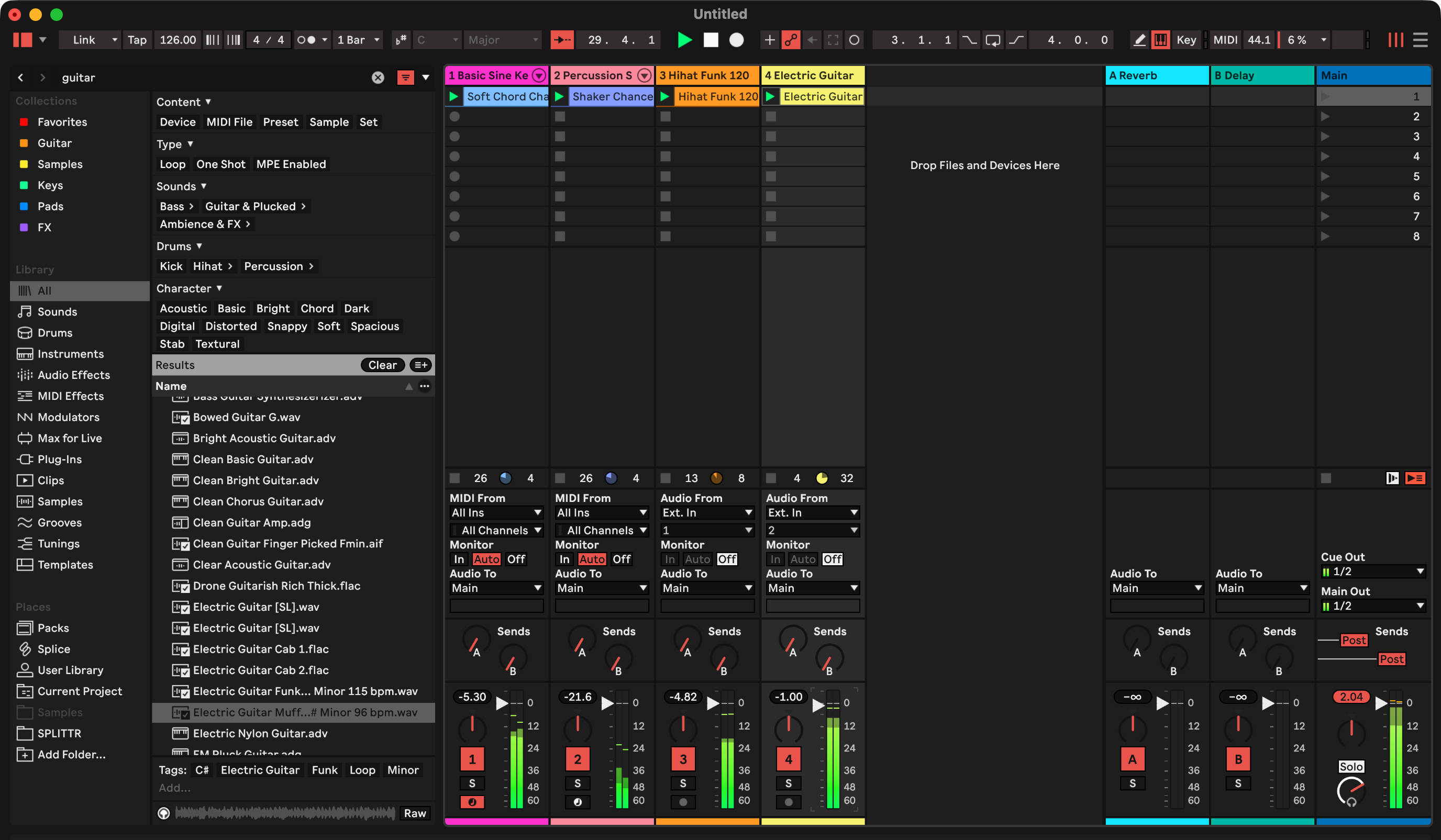 Ableton Live Session View with Electric Guitar selected as track 4